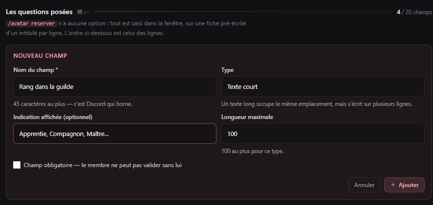 Formulaire de création d'un champ personnalisé
