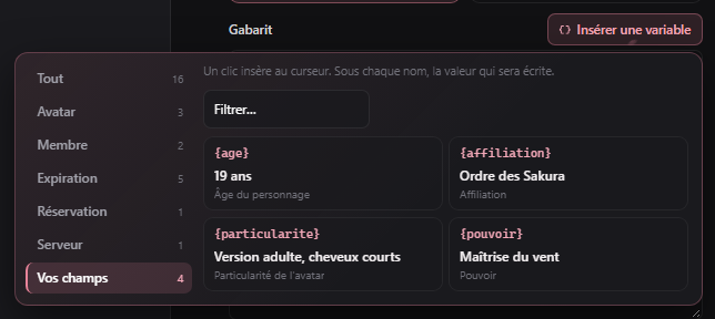 Panneau listant les jetons disponibles et leur valeur