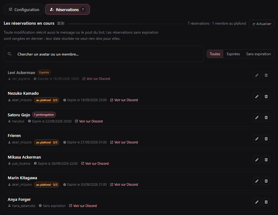Liste des réservations du serveur, avec recherche et filtres