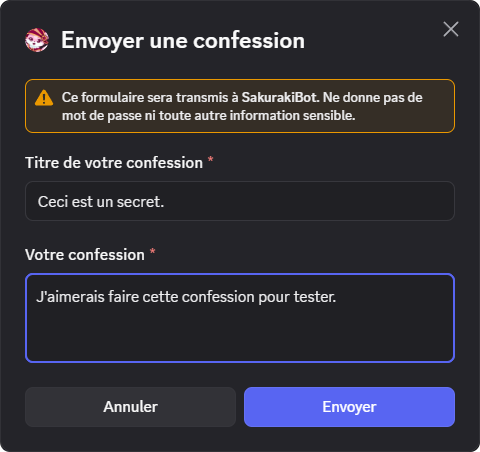 Formulaire de rédaction d'une confession
