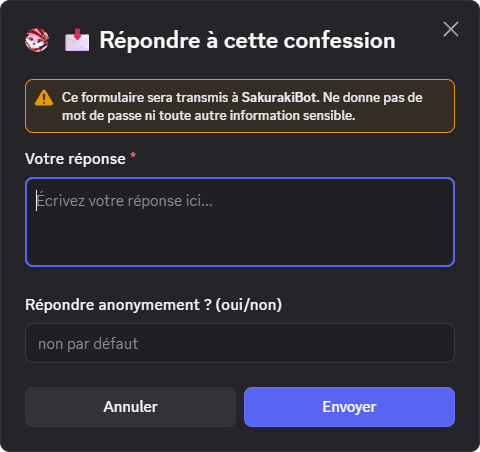 Formulaire de réponse à une confession