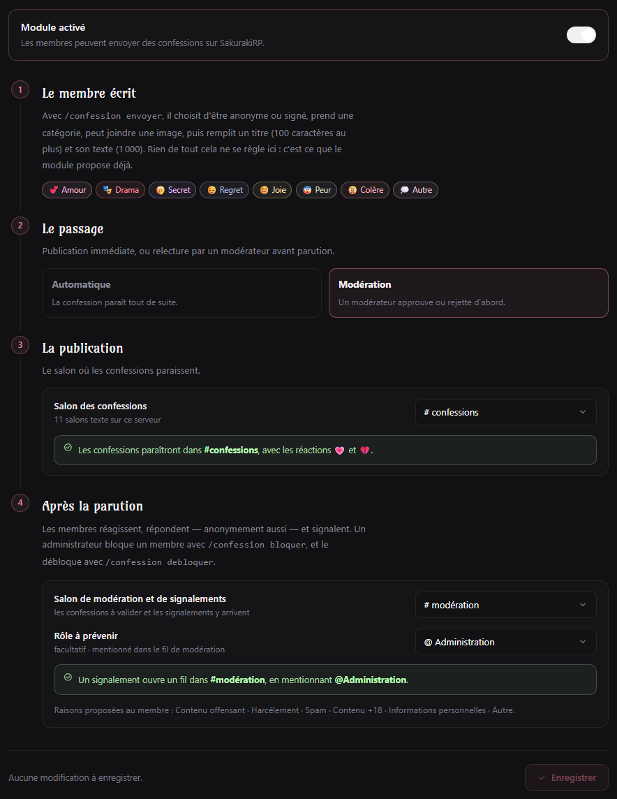 Page de réglage des confessions sur le tableau de bord