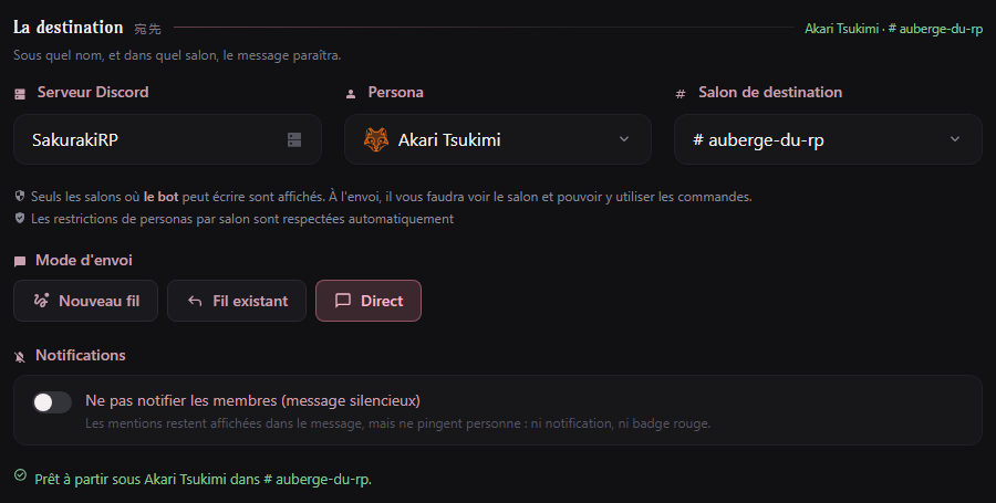 Configuration du message : serveur, persona, salon et mode d'envoi