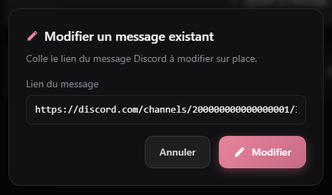 Fenêtre demandant le lien du message Discord à modifier