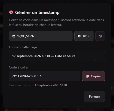 Fenêtre de génération d'un code de date Discord