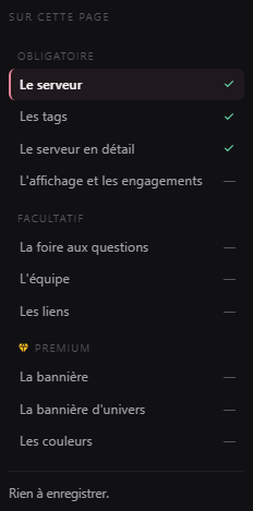 Sommaire du formulaire Modifier avec ses rubriques Premium