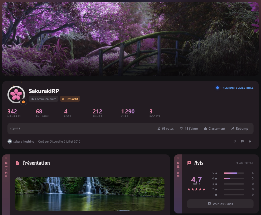 Fiche d'un serveur Premium personnalisée